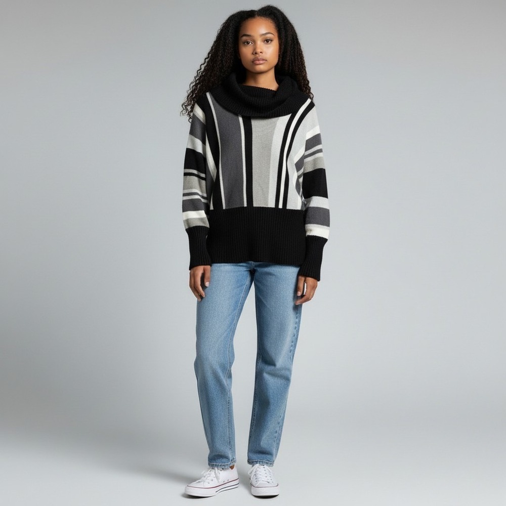 DeRotchild‎ Striped Cowl Neck Sweater Womens Small Black Gray Excellent Batwing